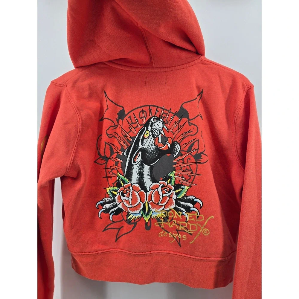 Ed Hardy Hoodie Womens XL Red Cropped Zip Up Tattoo Graphic Panther Dagger Y2K